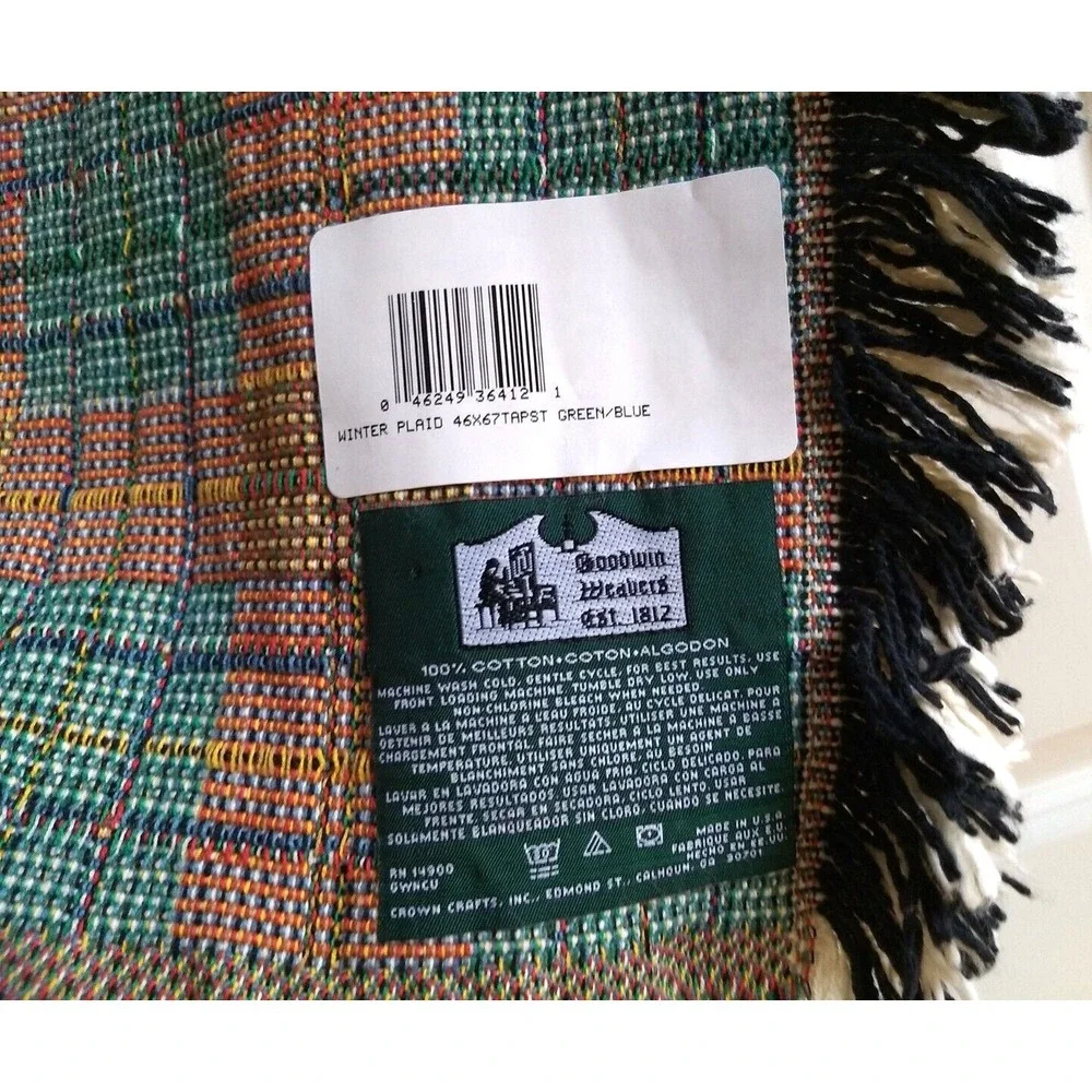 Goodwin Weavers Tapestry Throw Blanket Christmas 100% Cotton Plaid Green Red USA